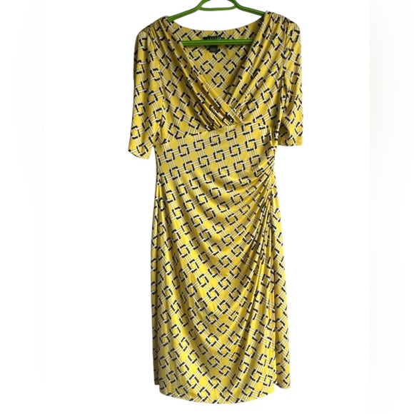 LAUREN RALPH LAUREN Yellow Geometric Faux Wrap Ruched Jersey Dress Size 4 - Picture 2 of 9
